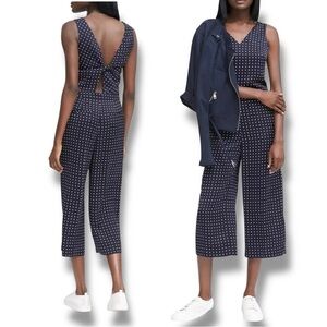 Banana Republic Jumpsuit Wide Leg Cropped Navy Polka Dot Sleeveless V Neck SZ 10